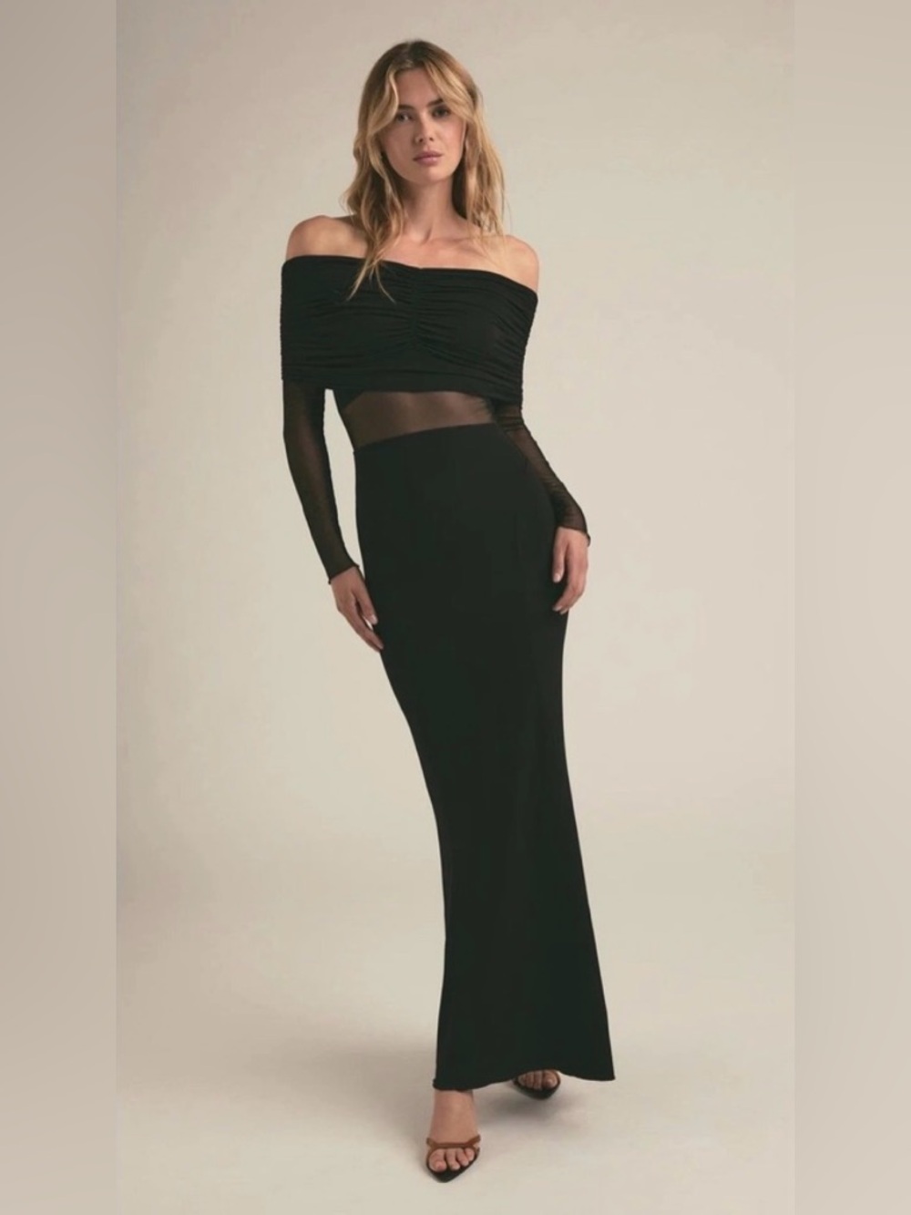 Commense Black Off-Shoulder Mesh-Inset Maxi Dress